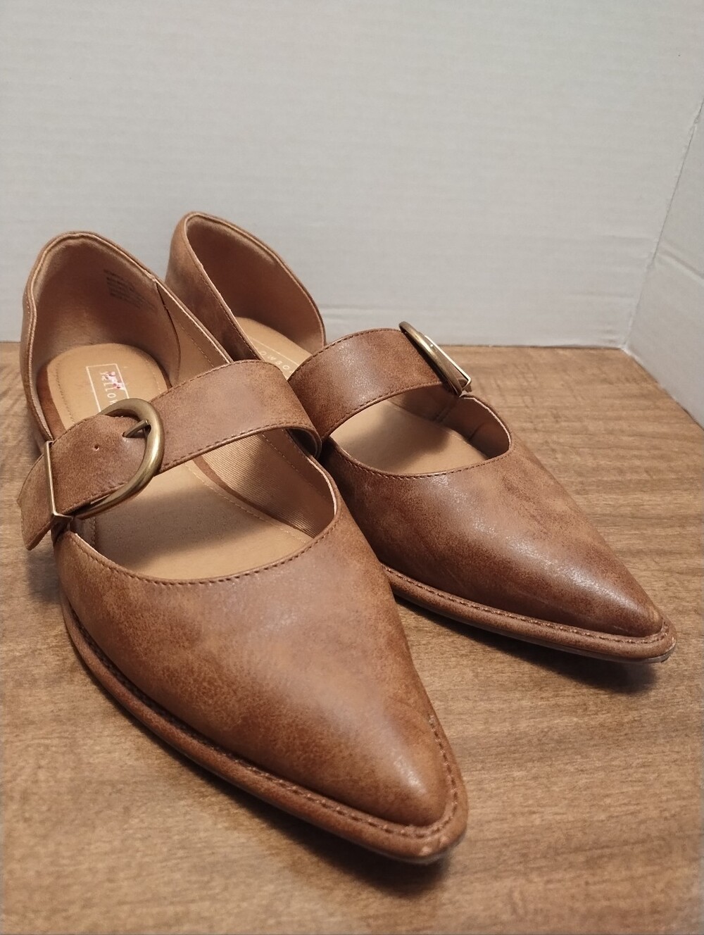 Women's Yellowbox Tan Pointed Mary Jane Flats with Buckle